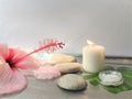 Spa setting and Spa background composition with hibiscus pink flower on white background. Copy space Royalty Free Stock Photo