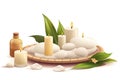 A spa setting with a bamboo tray, candles, stones, and oil