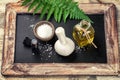 Spa setting with beauty treatment accessories. Wellness concept Royalty Free Stock Photo