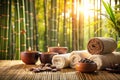 Spa Setting in Brown Tone on Sunlit Bamboo Background Royalty Free Stock Photo