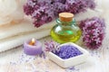 SPA setting with candles, aroma oil and lilac