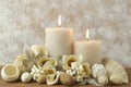Spa setting with cream burning candles and potpourri. Spa still life Royalty Free Stock Photo