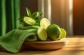 Spa setting with green towels with lime fruits. Generate ai