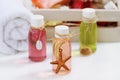 Spa setting with massage oil bottles Royalty Free Stock Photo