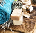 Spa Setting.Natural Homemade SOaps with Lavander and Towel on Wooden Backgroun Royalty Free Stock Photo