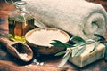 Spa setting with natural olive soap Royalty Free Stock Photo