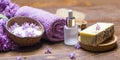 Lila spa setting with natural soap and pure essential oil Royalty Free Stock Photo