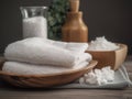 spa setting with a stack of white towels and a small dish of salt Royalty Free Stock Photo
