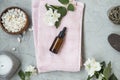 Spa setting still life with jasmine oil, jasmine flowers, bath s Royalty Free Stock Photo