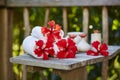 Spa setting with towels and red flowers Royalty Free Stock Photo