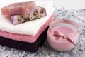 Spa still life with bath towels and natural soap Royalty Free Stock Photo