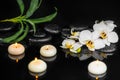 Spa setting of white orchid phalaenopsis, candles, greens and black zen stones with drops on water with reflection Royalty Free Stock Photo