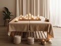 Spa setting with a wooden massage table