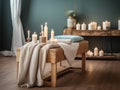 Spa setting with a wooden massage table