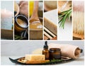 Spa and skincare collage with candle, products, essential oils and body care ingredients, spa and wellness Royalty Free Stock Photo