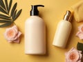 Spa Skincare Concept: Cosmetics Bottle Mockup on Yellow Background with Bath Accessories for Body Care.