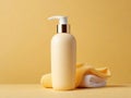 Spa Skincare Concept: Cosmetics Bottle Mockup on Yellow Background with Bath Accessories for Body Care.