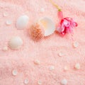 Spa soft concept with delicate pink flower fuchsia, seashells