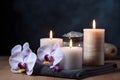 Spa still life with aromatic candles, zen stones, plants and orchids flower. Generative AI Royalty Free Stock Photo