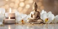 Spa still life background with Buddha statue. Candles and orchid flower on the water background. AI Generative Royalty Free Stock Photo