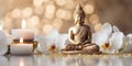 Spa still life background with Buddha statue. Candles and orchid flower on the water background. AI Generative Royalty Free Stock Photo