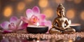 Spa still life background with Buddha statue. Candles and orchid flower on the water background. AI Generative Royalty Free Stock Photo