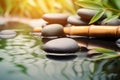 Spa still life with bamboo and zen stones with water surface. Generative AI Royalty Free Stock Photo