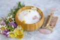 Spa still life bath salt with essential oils and medicinal healing herbs Royalty Free Stock Photo