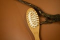 spa still life with brush. wooden brush for anticellulite massage on a brown table. still life Royalty Free Stock Photo