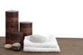 Spa still life candles, pumice stone and towels Royalty Free Stock Photo