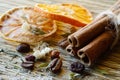 Spa still life - cinnamon,coffee beans,salt,dried orange,lemon