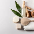 Spa still life. Eco-friendly spa accessories on white background. Royalty Free Stock Photo
