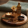 Spa still life with essential oil, candle and towel on wooden background Royalty Free Stock Photo