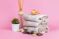 Spa essentials, aroma sticks stones, towels and a plant on a pink background Keywords language: English