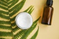 Spa still life with facial cream and oil bottle, botanical fresh skincare products, top view of natural skincare Royalty Free Stock Photo