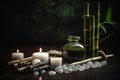 Spa still life with lit candles. stones, bamboo tray, group of bamboo stems and defocused background Royalty Free Stock Photo