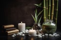 Spa still life with lit candles. stones, group of bamboo stems and black background Royalty Free Stock Photo