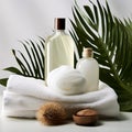 Spa still life with massage oil, towels and coconut on white background Royalty Free Stock Photo