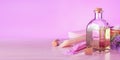 Spa still life with natural oil  soap  sea salt and lavenders. Banner for spa product. Royalty Free Stock Photo