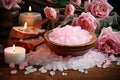 Spa still life with pink salt, candles and roses on wooden background, Concept of spa treatment with pink salt, AI Generated Royalty Free Stock Photo