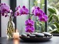 Spa still life with purple orchids and candles Royalty Free Stock Photo