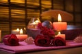 Spa still life with red roses and candles on a wooden background, Beauty spa treatment with candles, AI Generated Royalty Free Stock Photo