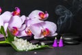 spa still life of sea salt on leaf, lilac orchid with drops and burning aroma incense cones over black zen stones