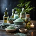 Spa still life with sea salt, oil and green plants on wooden background