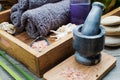 Spa still life with seashells, towels and sea salt in a mortar and pestle Royalty Free Stock Photo