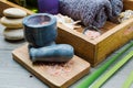 Spa still life with seashells, towels and sea salt in a mortar and pestle Royalty Free Stock Photo