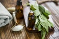 Spa still life setting with sage oil Royalty Free Stock Photo