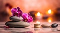 Spa still life with spa stones, burning candles and orchid. Generative AI Royalty Free Stock Photo