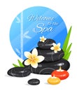 Spa still life with stack of stones, burning aroma candles, bamboo leafs and frangipani flowers. Zen Garden. Harmony and balance Royalty Free Stock Photo