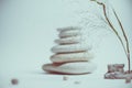 Spa still life with stacked of stone with a beautiful branch Royalty Free Stock Photo